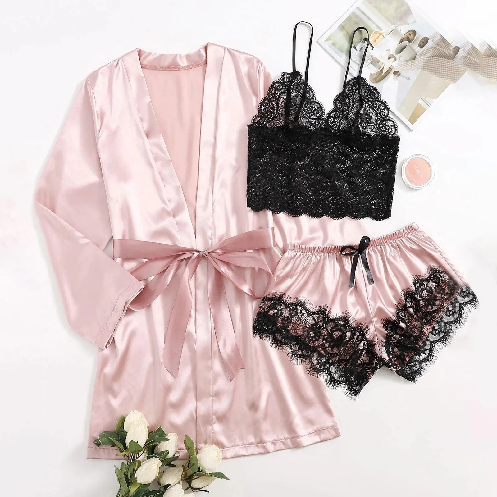 

Spring and summer ladies polyester solid color satin silk nightgown + black lace strap + solid color satin shorts